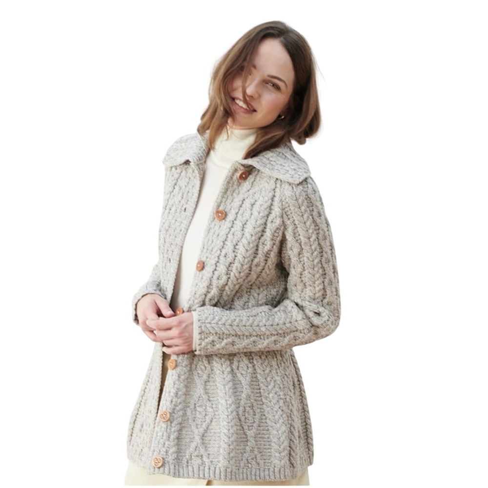 NWT Aran Sweater Cardigan Gray Merino Wool Irish Cable Knit Sz L